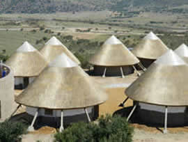 Thatched rondavels with fibreglass cappings at Mvezo